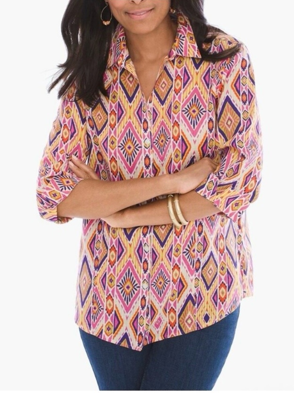 Chico's 100% Linen Button Front Blouse Sz 2 (L) Colorful Geometric Print Boho